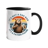 Colour handle mug with a thumbs-up bear with a beer on a retro sunset and “It’s not a dad bod, it’s a father figure” – black handle and inside