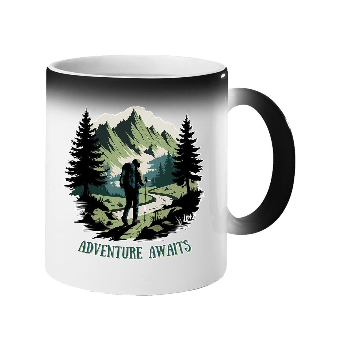 Colour changing mug revealing a hiker on a mountain trail between pine trees with “Adventure awaits”