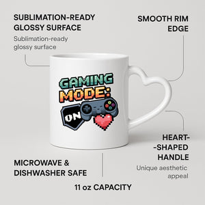 Gaming Mode On heart-handle mug on a marble counter with fruit