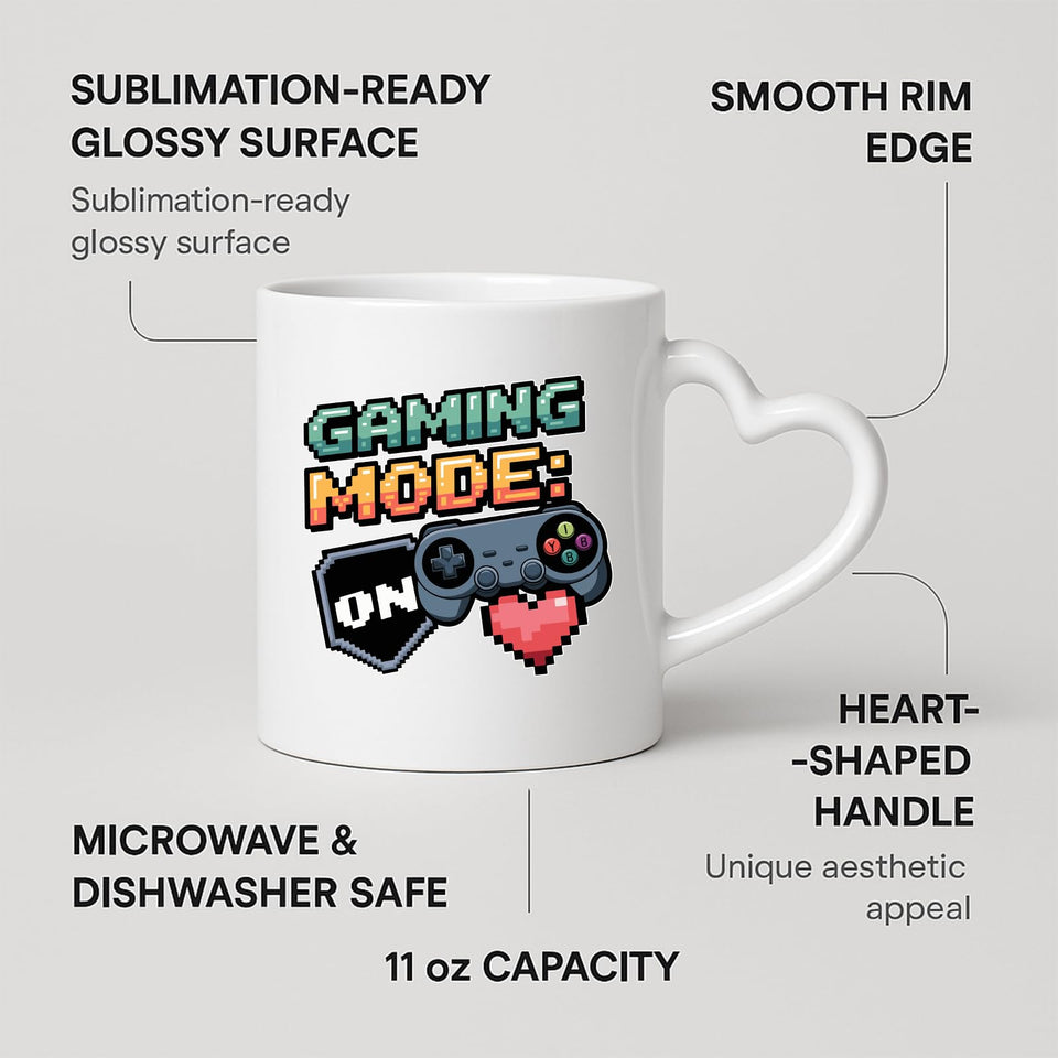 Heart-handle mug with labels for 11oz capacity, glossy surface and heart-shaped handle