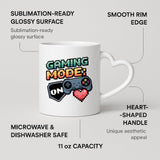 Heart-handle mug with labels for 11oz capacity, glossy surface and heart-shaped handle