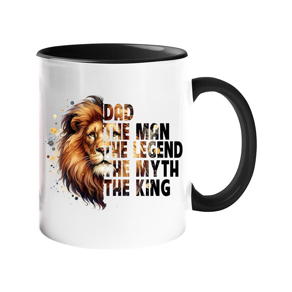 Colour handle mug with a lion’s head beside “Dad – the man, the legend, the myth, the king” – black handle and inside