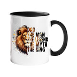 Colour handle mug with a lion’s head beside “Dad – the man, the legend, the myth, the king” – black handle and inside
