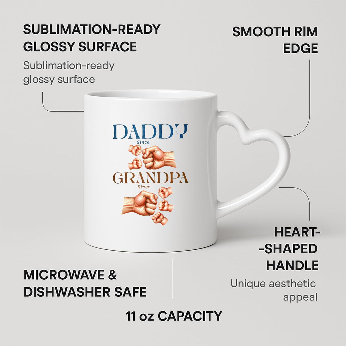 Heart-handle mug with labels for 11oz capacity, glossy surface and heart-shaped handle
