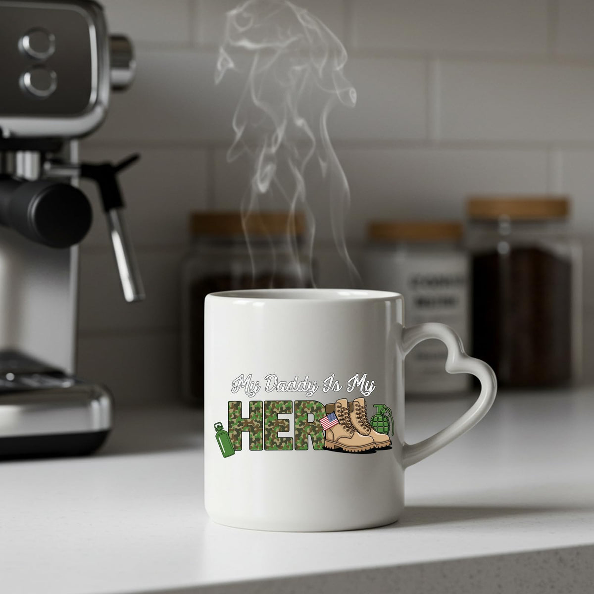 Steaming My Daddy Is My Hero military heart-handle mug on a kitchen counter