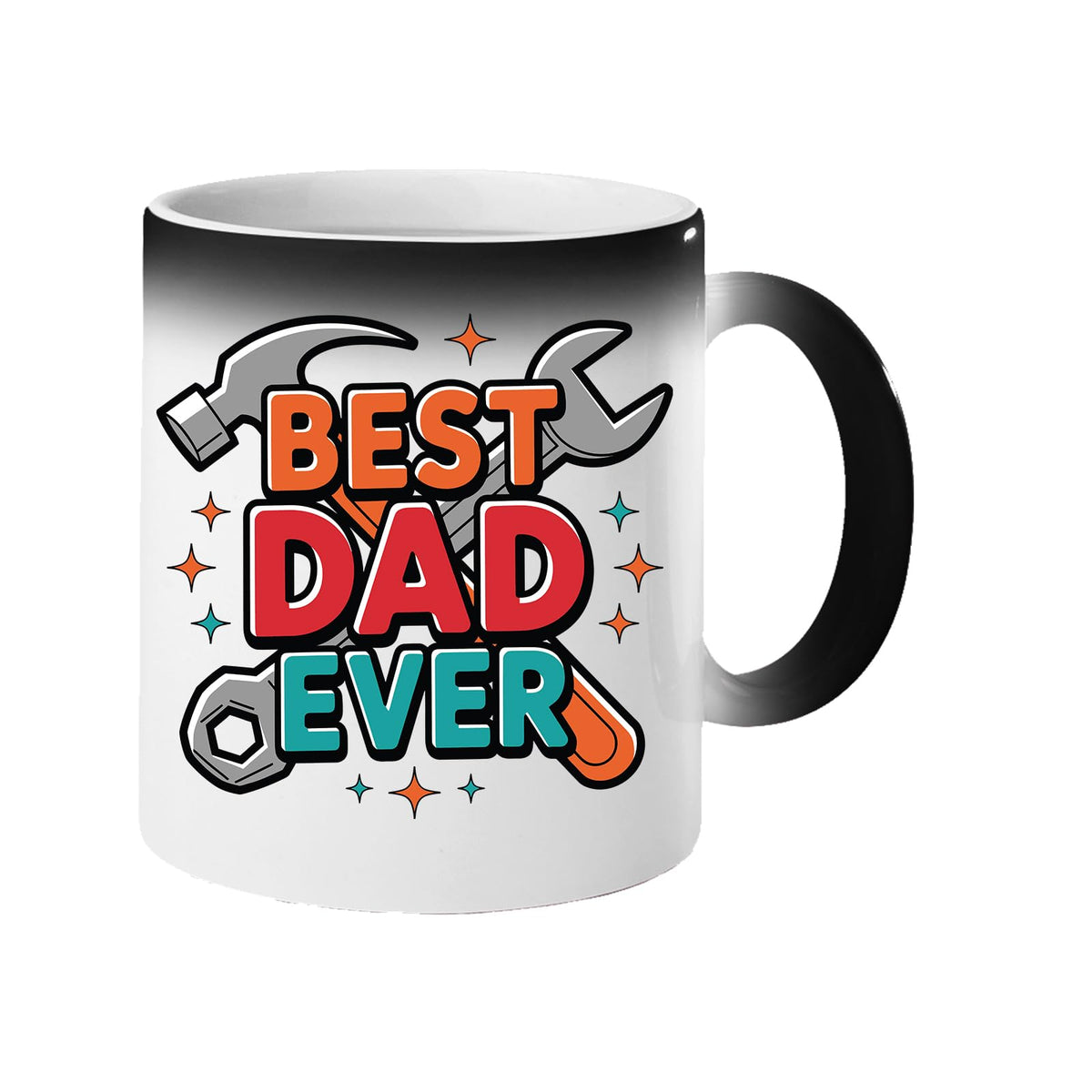 Colour changing mug revealing “Best Dad Ever” framed by a hammer and spanner