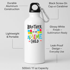 White aluminium water bottle with “Brother of an AU-SOME child” with colourful puzzle pieces