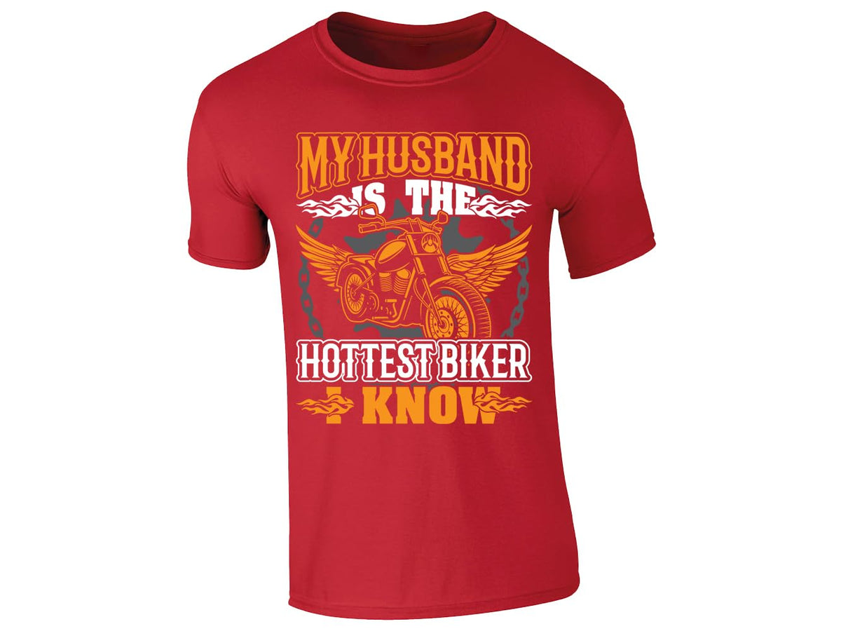 Red men's T-shirt with “My husband is the hottest biker I know” winged motorcycle design