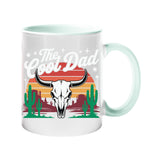 Colour handle mug with a bull skull, cacti and a retro desert sunset with “The Cool Dad” – lime handle and inside
