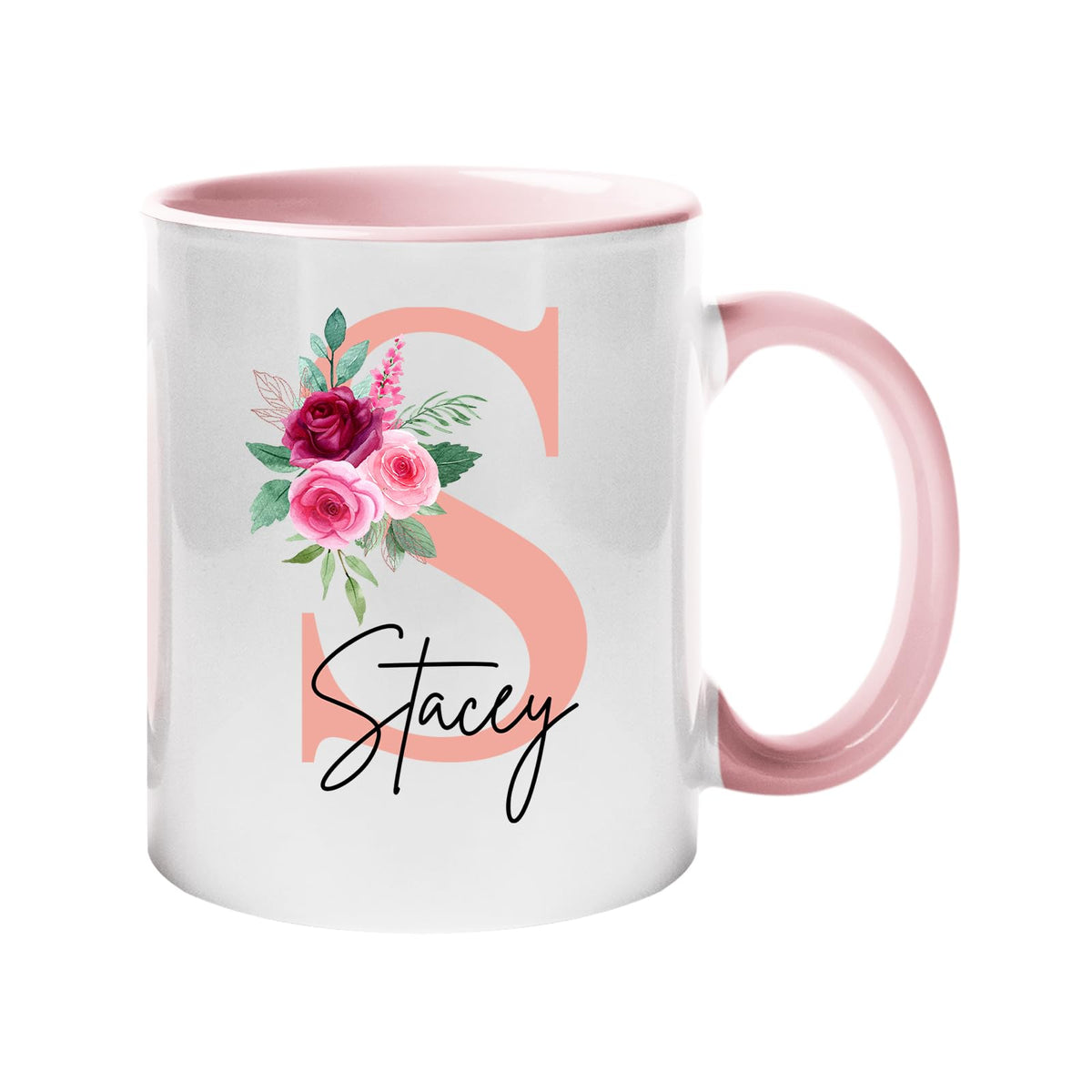 Light Pink handle mug with a blush pink initial with roses and an example name