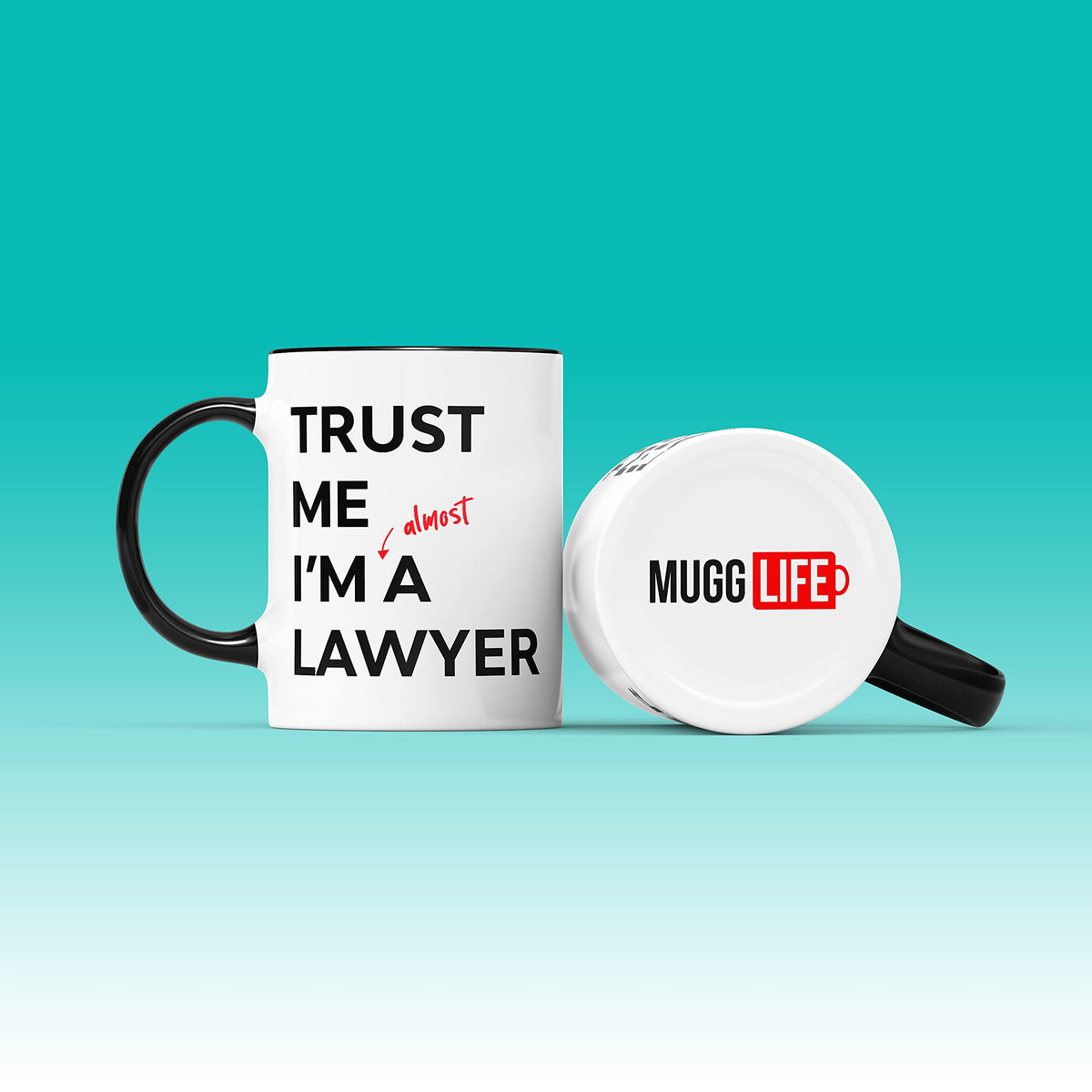 Almost a lawyer mug on a teal background