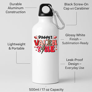 White aluminium water bottle with “Daddy’s Valentine” in patterned letters with hearts and a leopard lightning bolt
