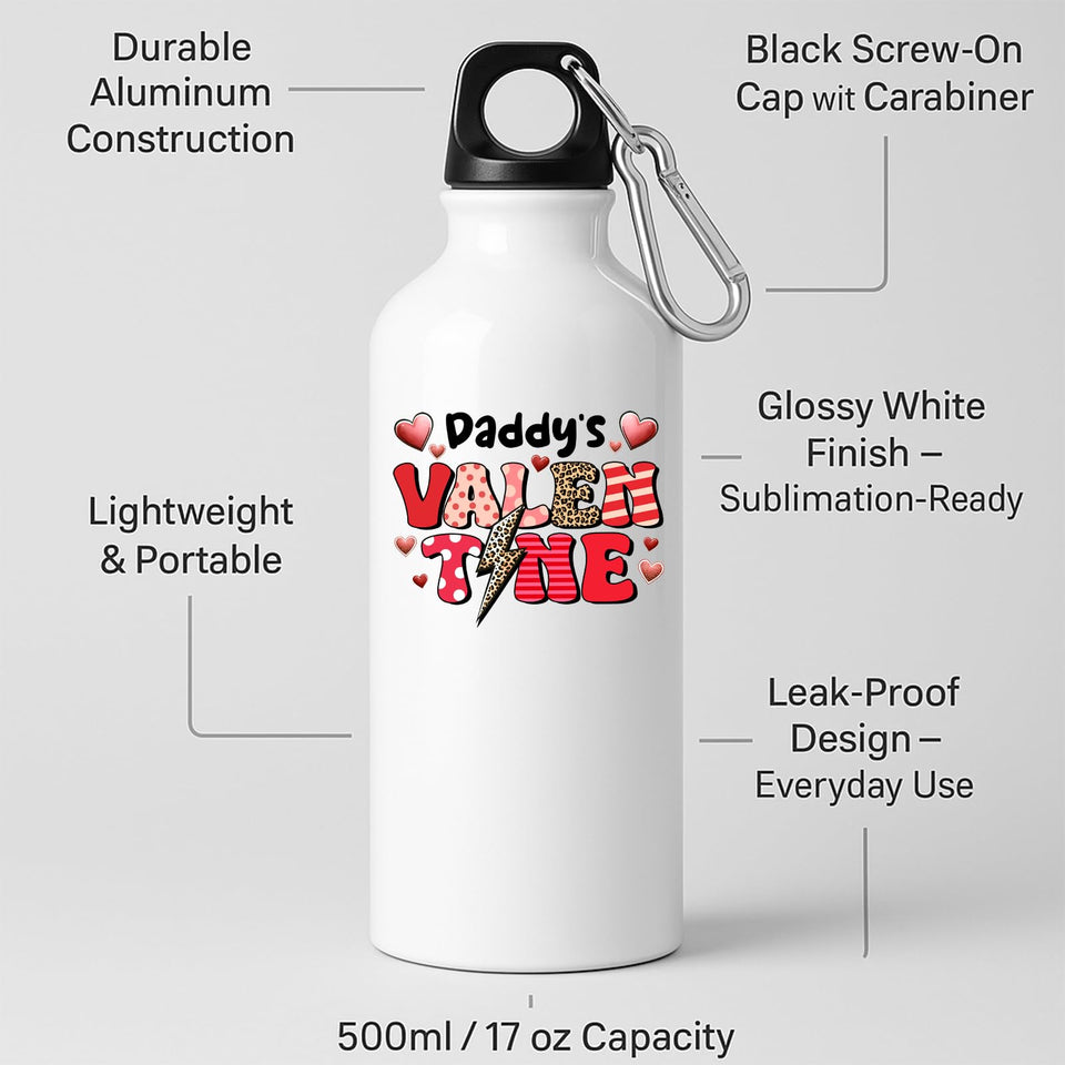 White water bottle with labels for aluminium body, screw-on cap with carabiner and leak-proof design