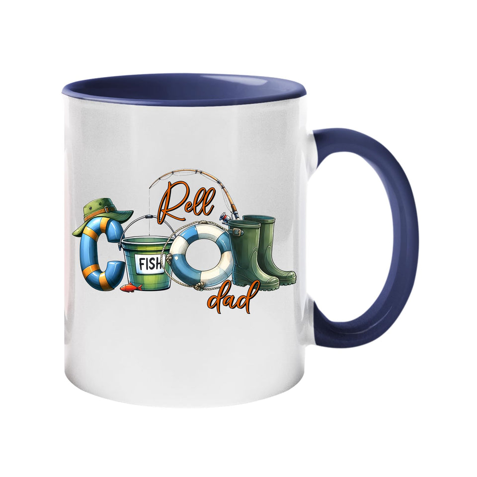 Colour handle mug with “Reel COOL Dad” spelled out with a bucket hat, bait tin, float and wellies – dark blue handle and inside