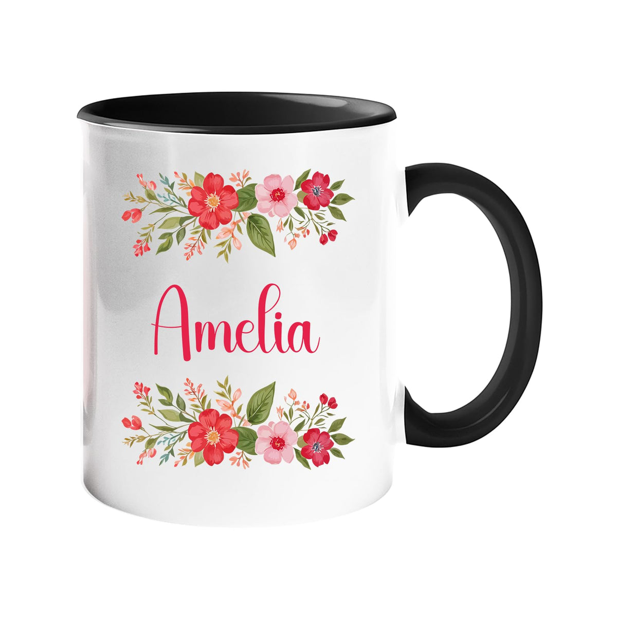 Colour handle mug with a red flower border around an example name, black handle and inside