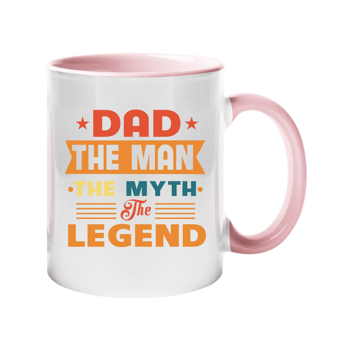 Colour handle mug with “Dad – the man, the myth, the legend” in retro banner lettering – light pink handle and inside