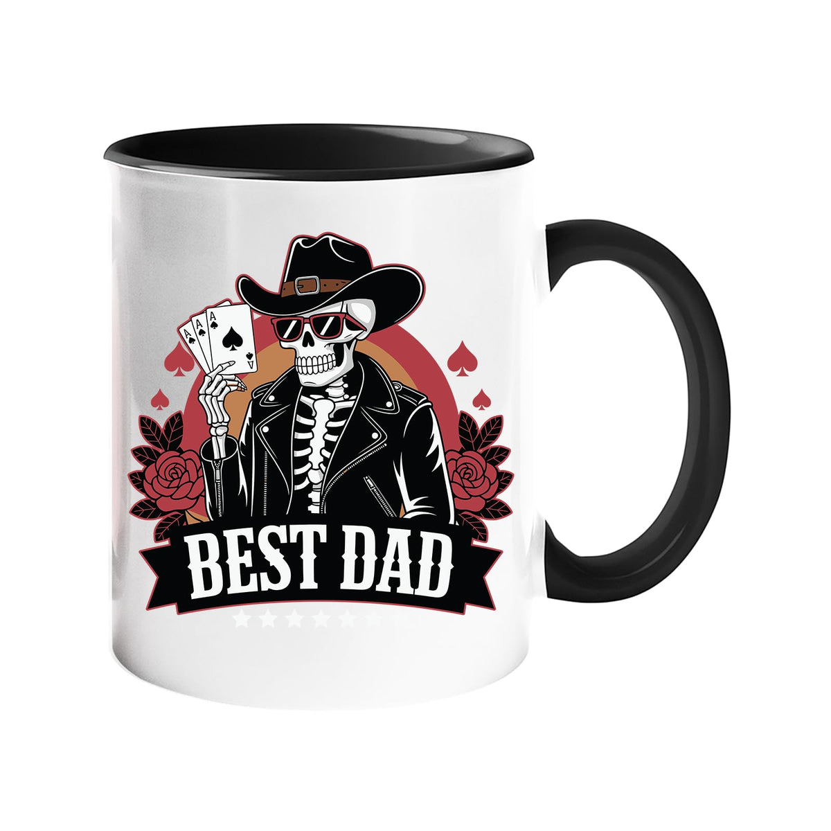 Colour handle mug with a skeleton cowboy holding aces above a “Best Dad” banner – black handle and inside