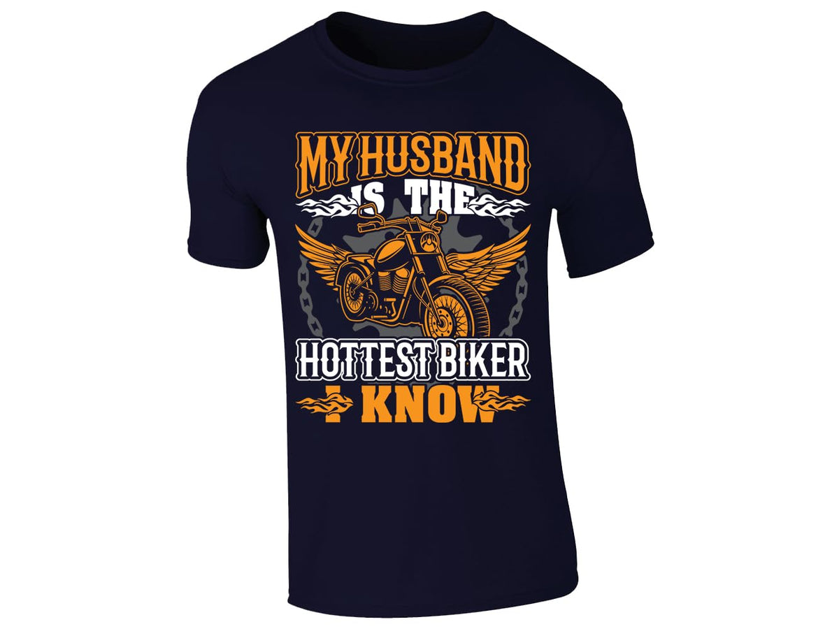Navy men's T-shirt with “My husband is the hottest biker I know” winged motorcycle design