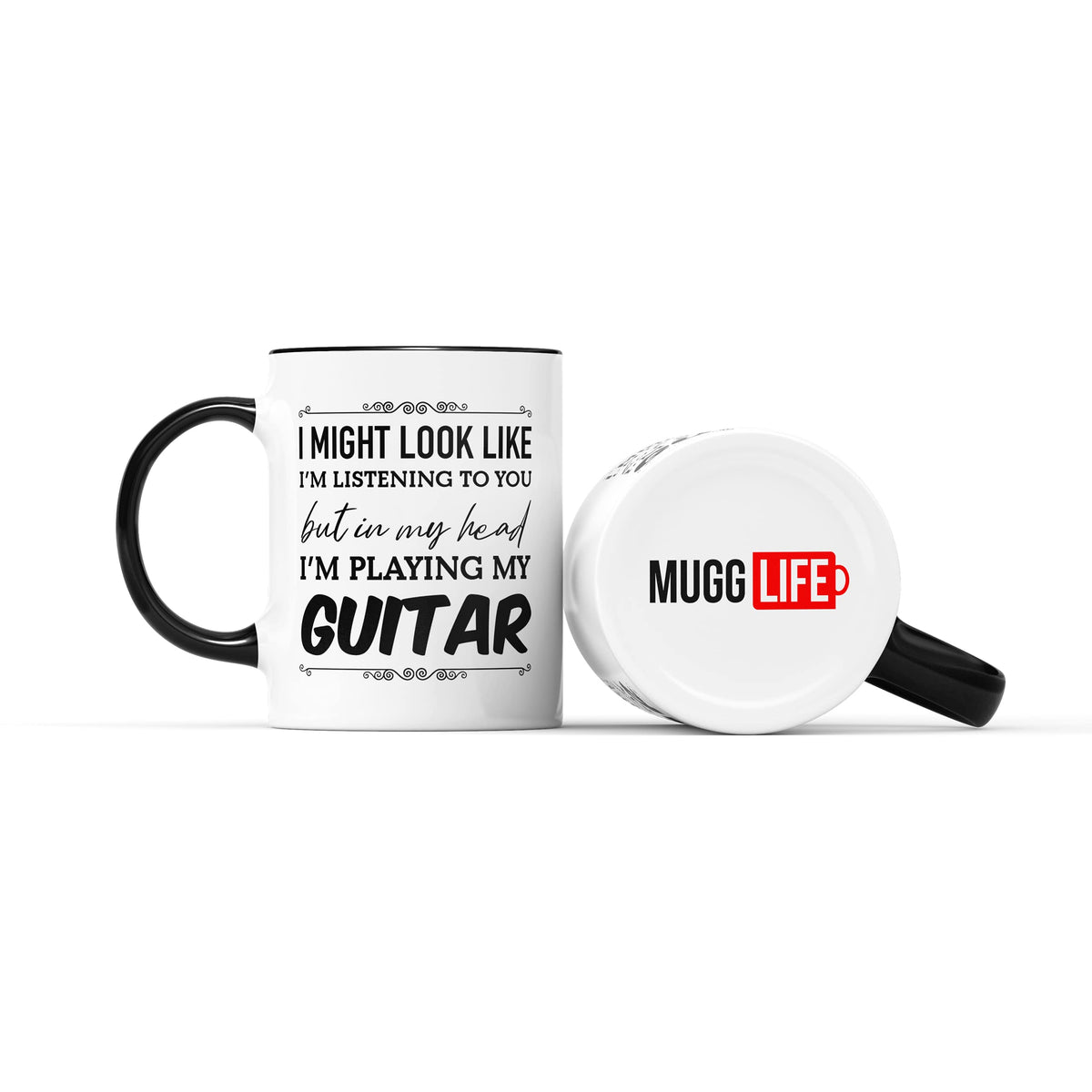 Guitar slogan mug next to the base of a mug