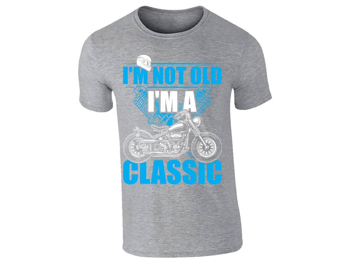Heather grey men's T-shirt with “I'm Not Old, I'm a Classic” with a vintage motorbike