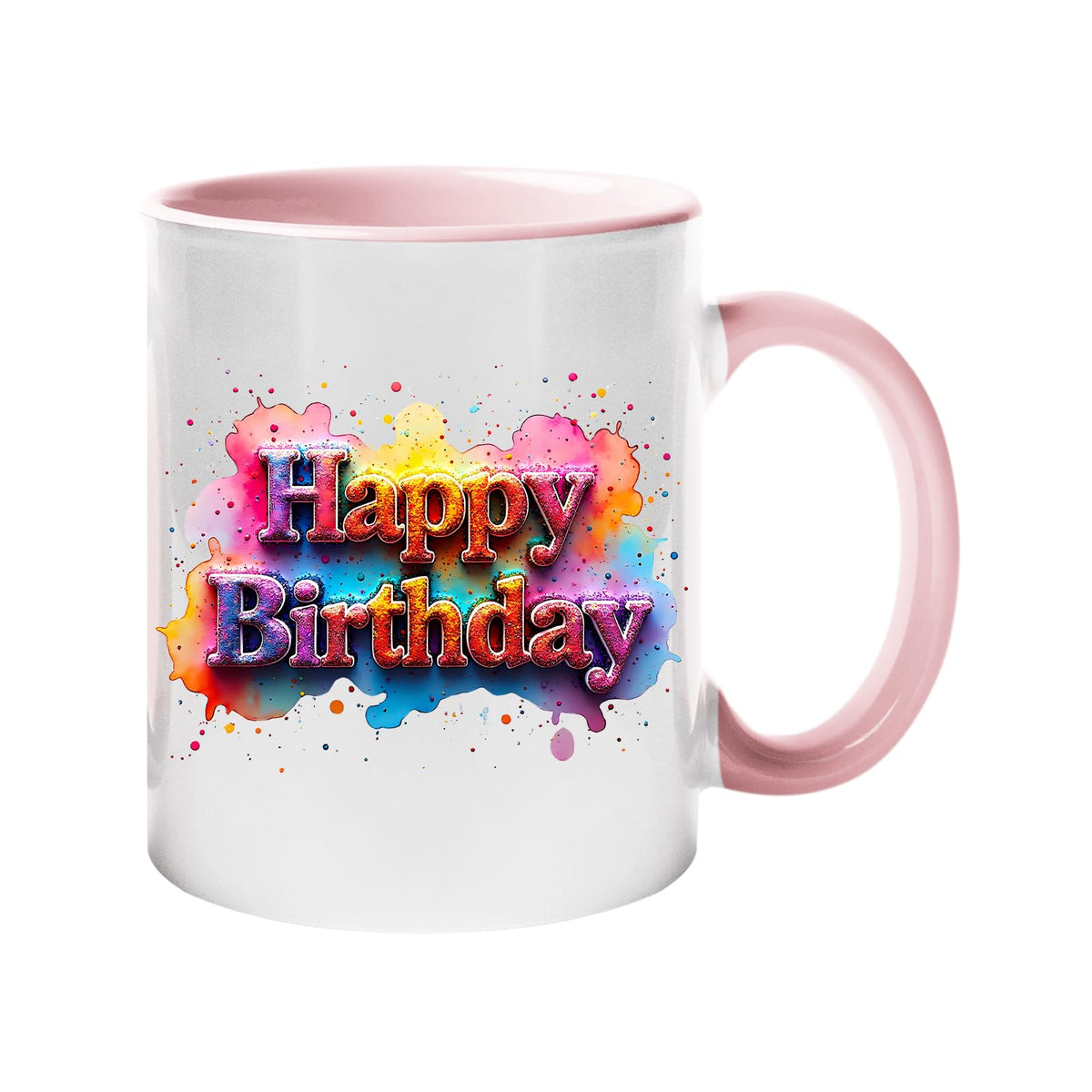 Colour handle mug with pastel graffiti “Happy Birthday” lettering – light pink handle and inside