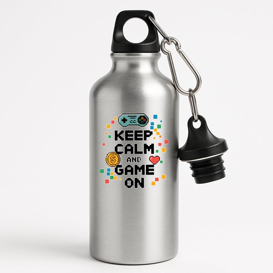 Keep Calm and Game On Water Bottle Gamer Hydration Bottle Controller Design Funny Gaming Gift for Him Her Reusable Sports Bottle for Nerds Geeks Console Retro Players