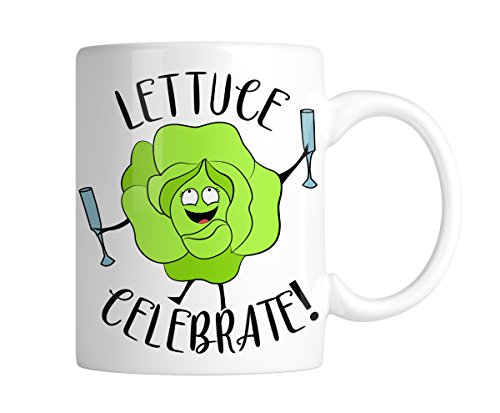 White mug with a cheerful lettuce raising a glass and “Lettuce Celebrate!”, handle on the right