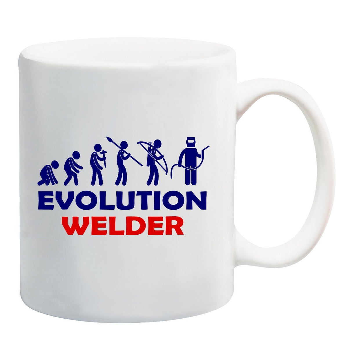 White mug with navy evolution silhouettes ending in a welder, captioned “Evolution Welder”