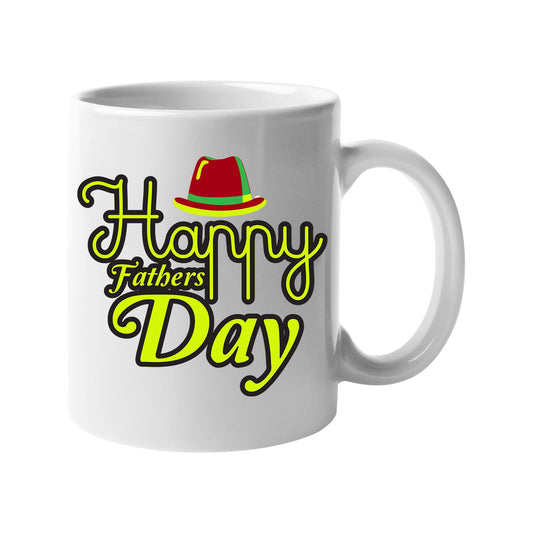White 11oz mug with “Happy Father's Day” in bold yellow-green lettering with a red hat