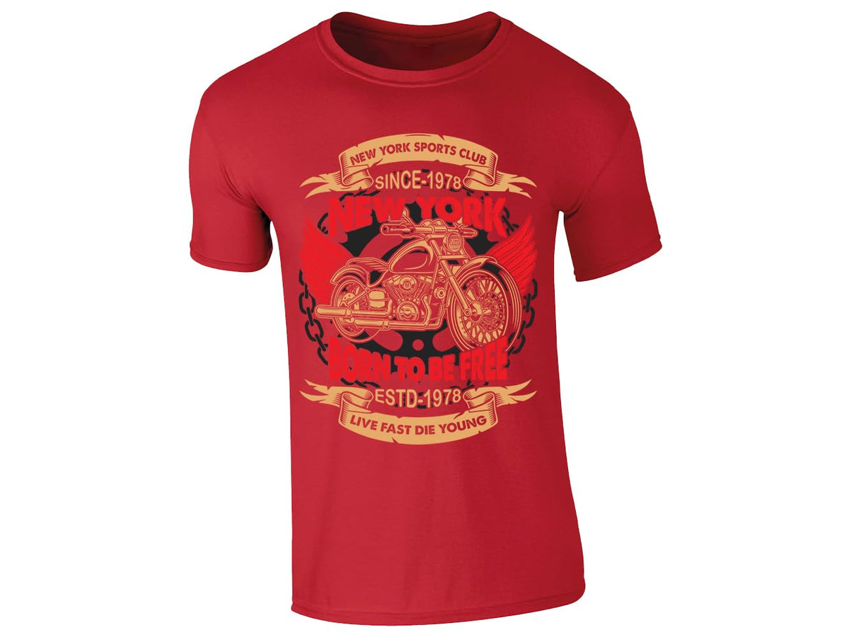 Red men's T-shirt with a vintage-style classic biker motorcycle badge