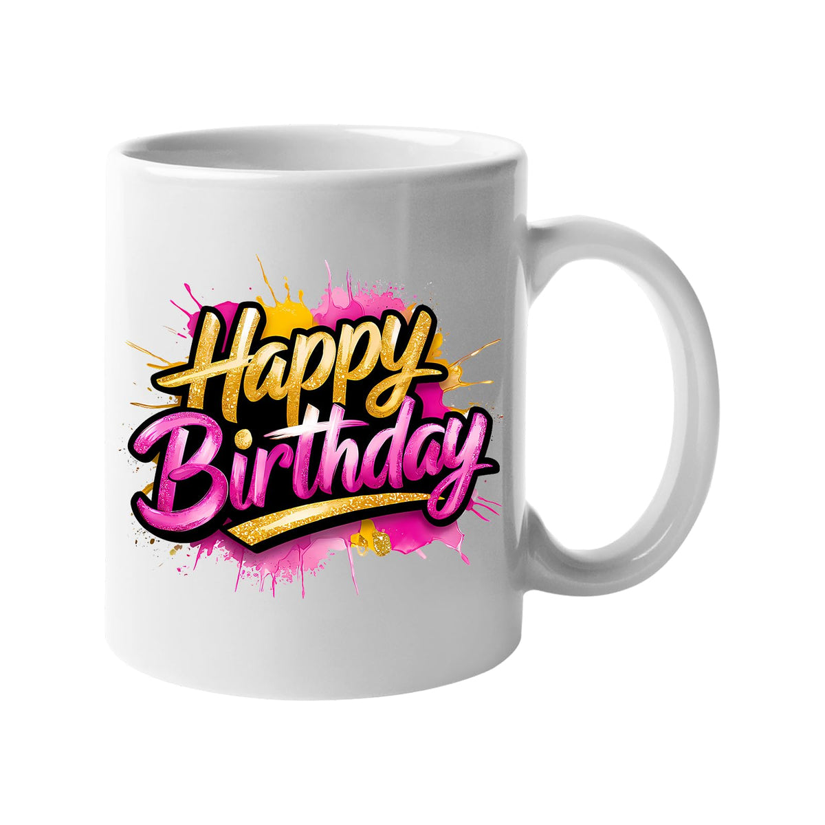 White 11oz mug with neon pink and yellow script “Happy Birthday” lettering