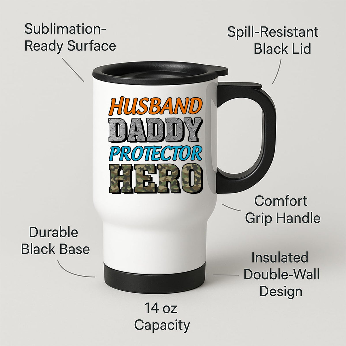 Travel mug with labels for spill-resistant lid, insulated double wall and 14oz capacity