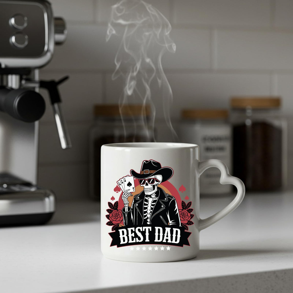 Steaming Best Dad skeleton cowboy heart-handle mug on a kitchen counter