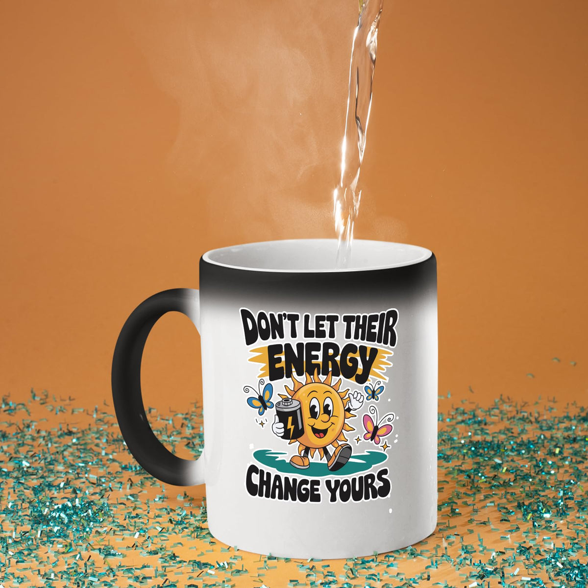 Hot water poured into the Positive Vibes sun colour changing mug as the design appears
