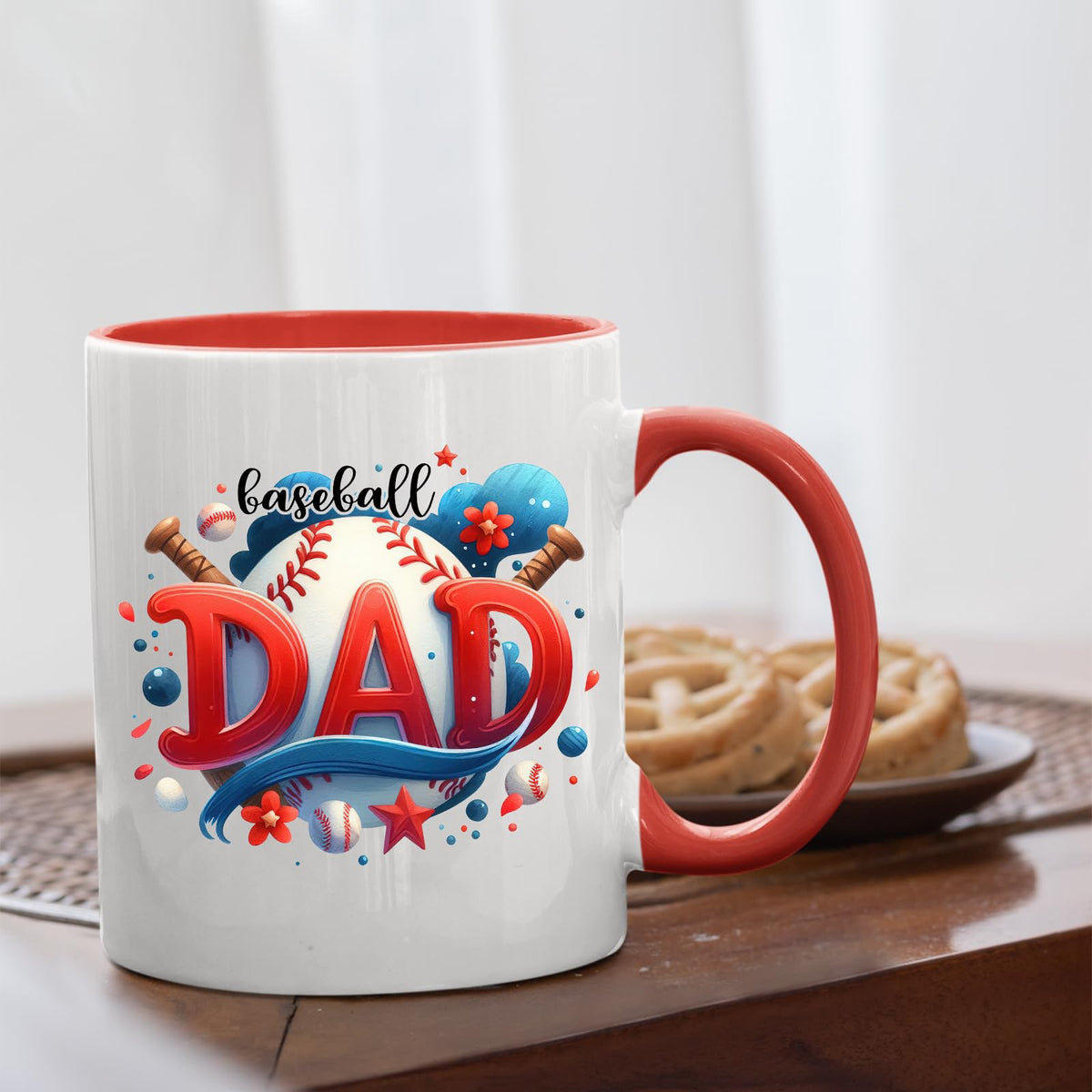 Baseball Dad mug with a red handle beside biscuits