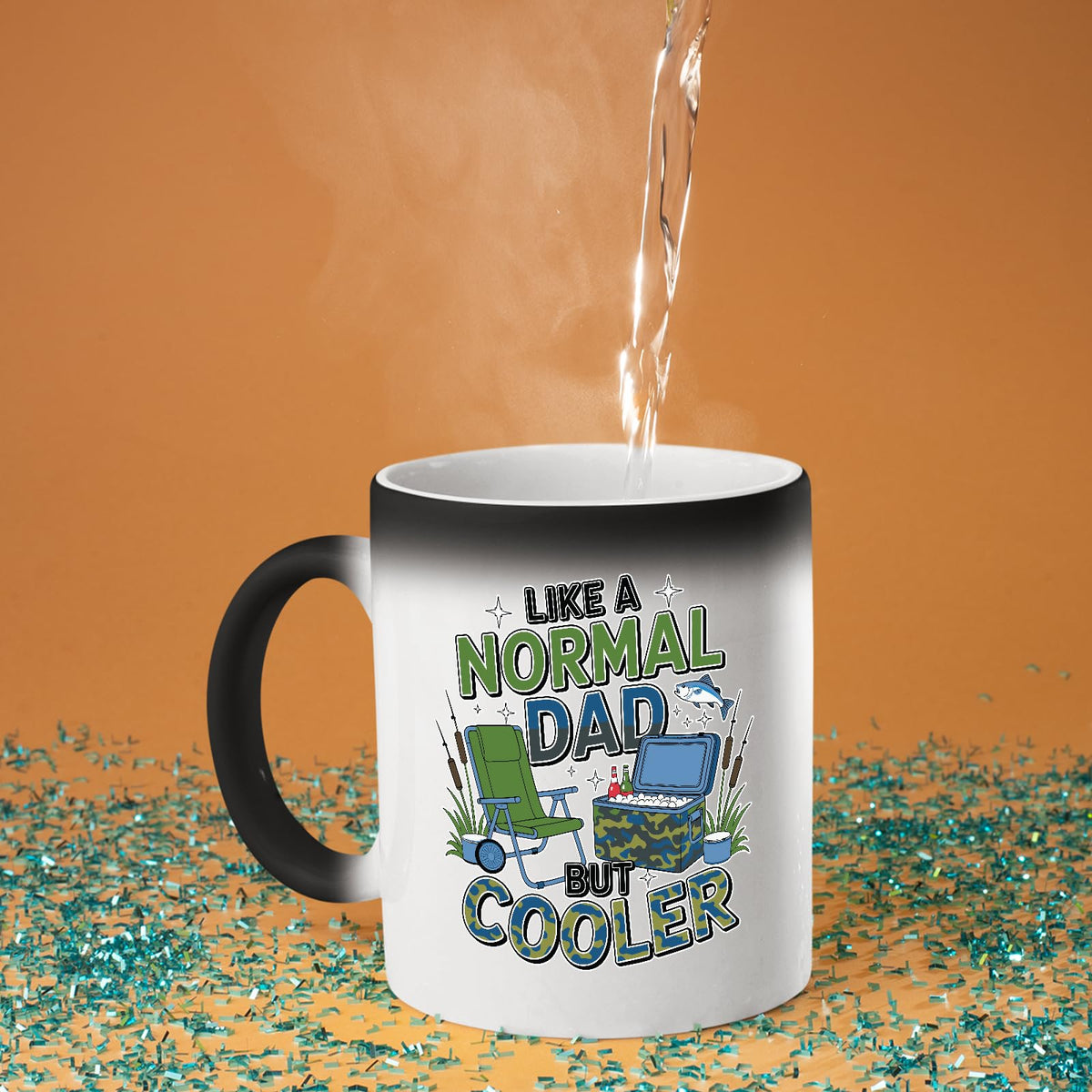 Hot water poured into the Like a Normal Dad But Cooler colour changing mug as the design appears