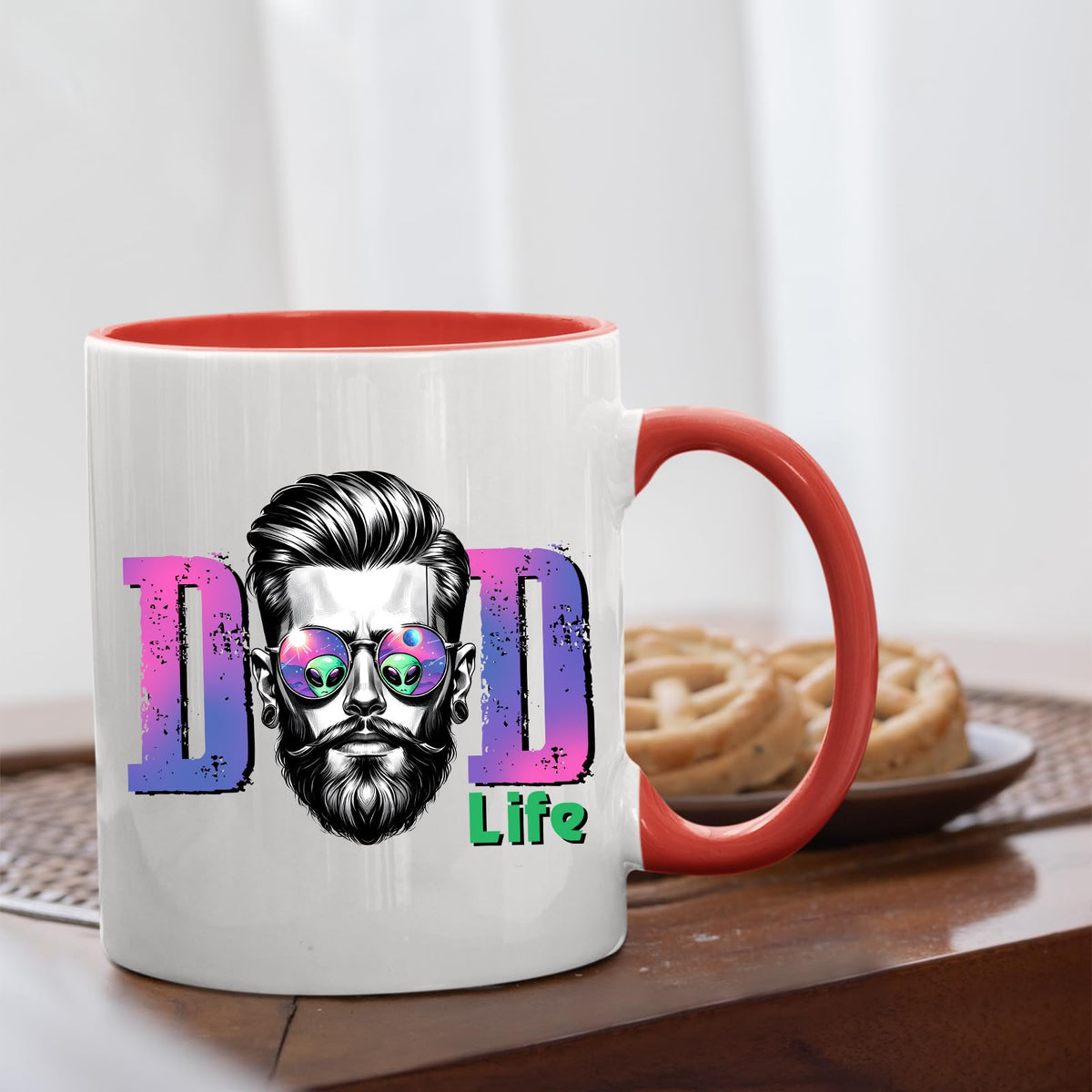 Dad Life bearded dad mug with a red handle beside biscuits