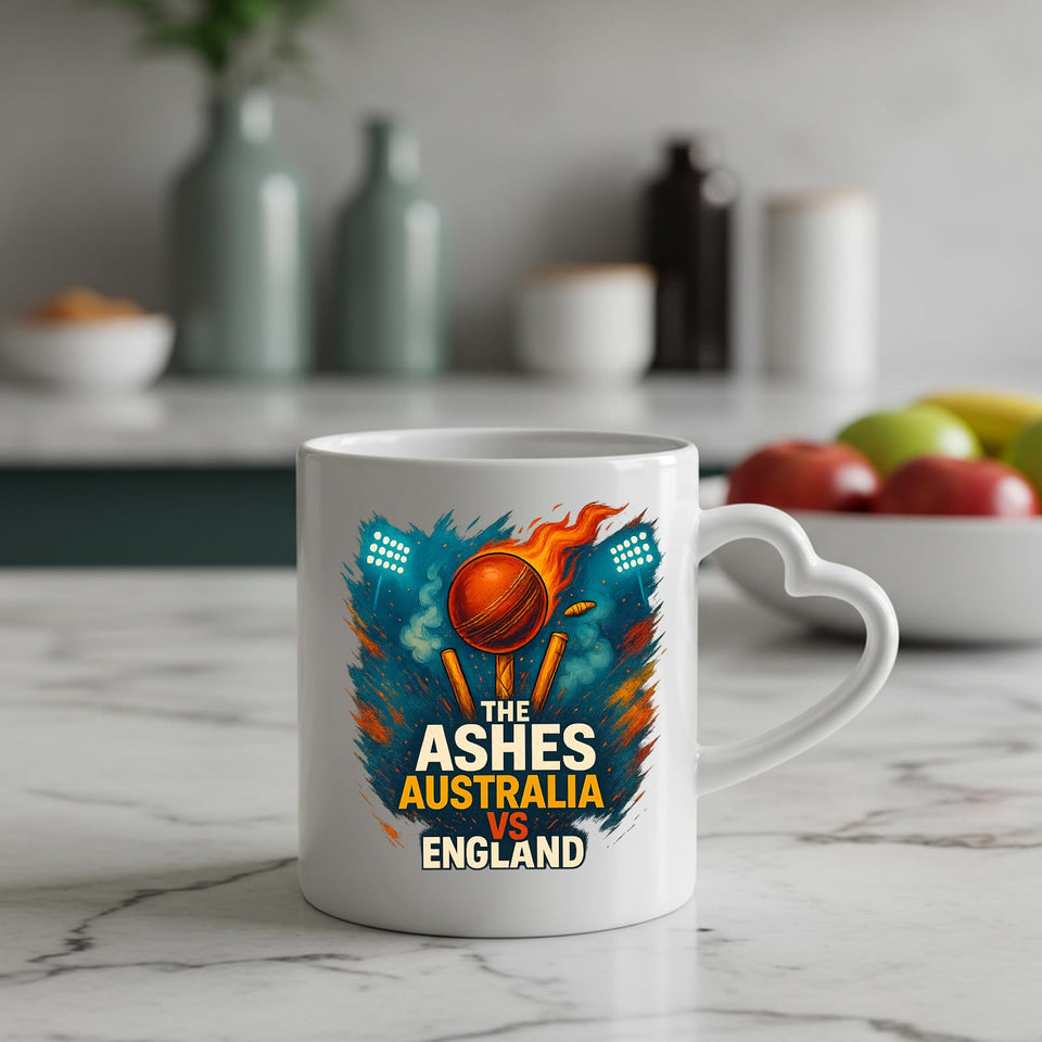 Excudo Trade LTD The Ashes Burning Ball Australia vs England Rivalry Cricket Heart-Shaped Handle Mug Fiery Design Gift Fans Couples Coffee Cup Home Decor Couples