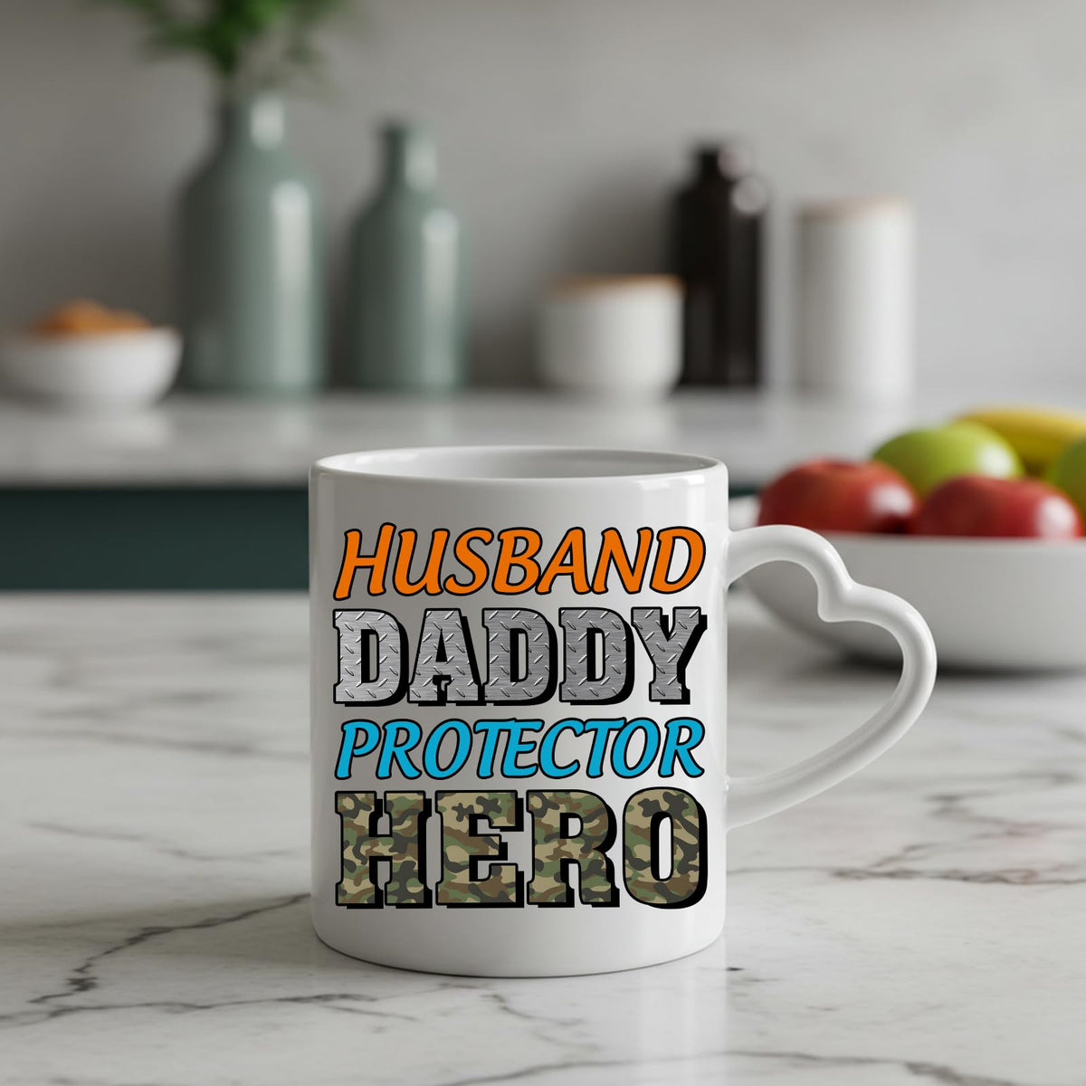 Husband Daddy Protector Hero camo heart-handle mug on a marble counter with fruit