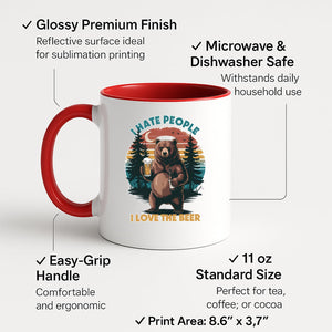 Colour handle mug with a bear holding a beer against a retro forest sunset with “I hate people, I love the beer” – red handle and inside