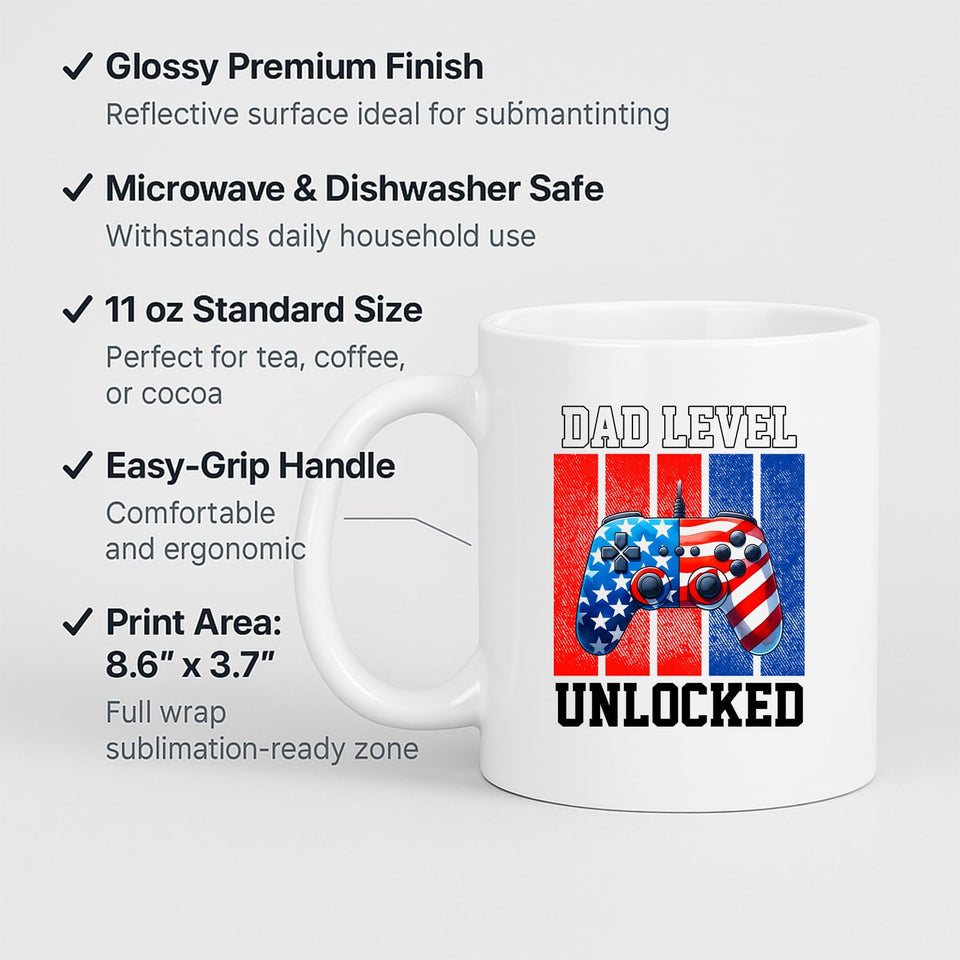 White mug with labels for 11oz size, glossy finish, easy-grip handle and print area