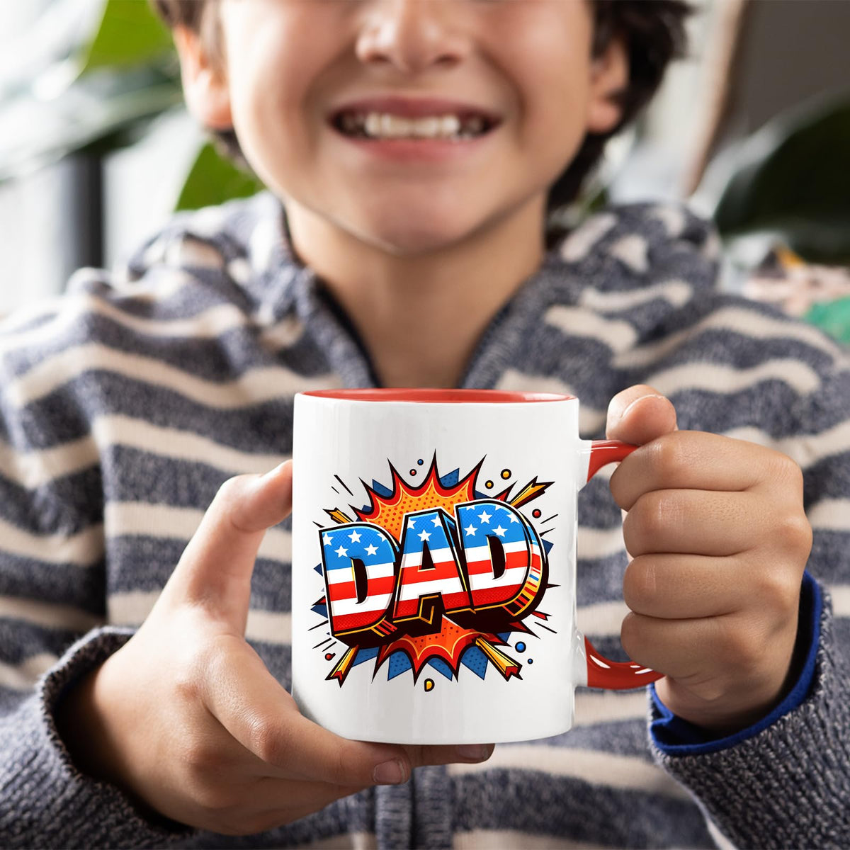 Smiling child holding the Stars and Stripes DAD mug with a red handle