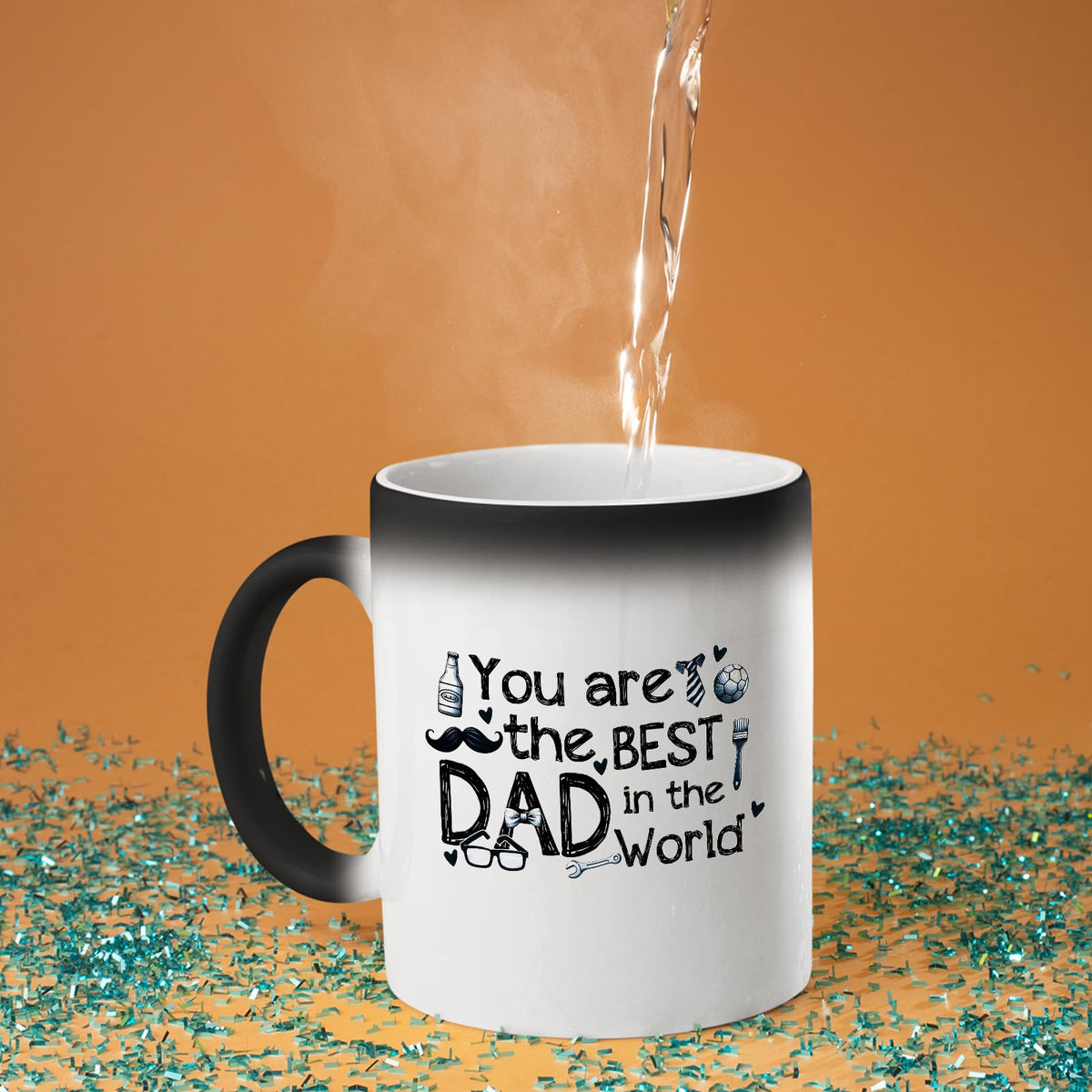 Hot water poured into the Best Dad in the World sketch colour changing mug as the design appears
