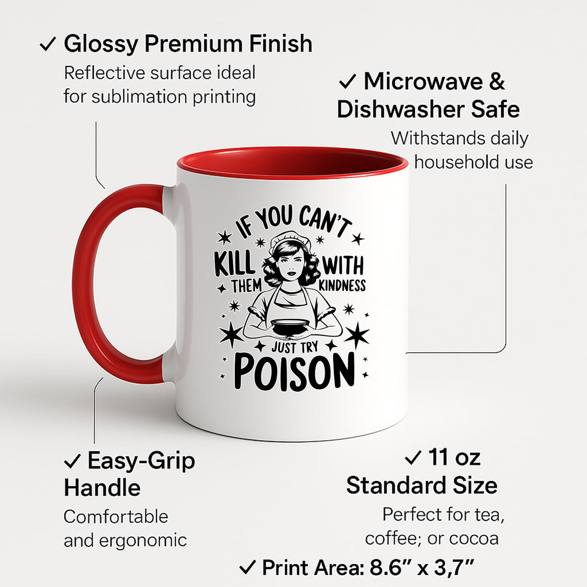 Colour handle mug with labels for 11oz size, glossy finish and easy-grip handle