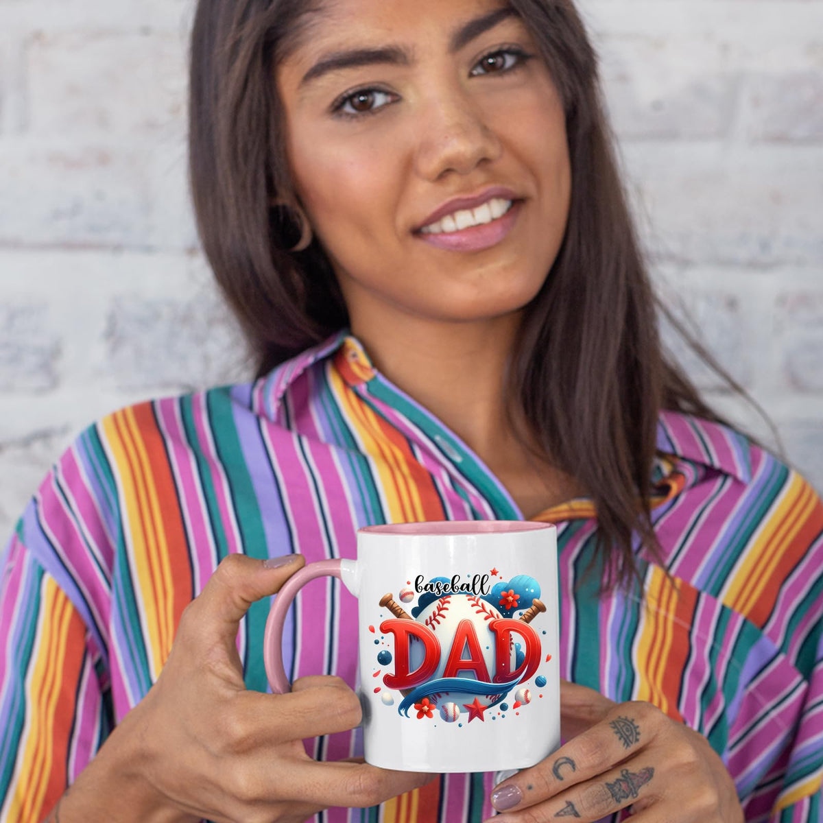Woman in a striped shirt holding the Baseball Dad colour handle mug