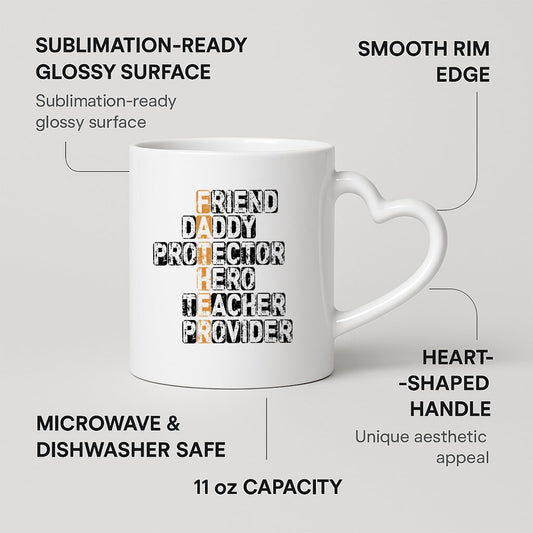 Heart-handle mug with labels for 11oz capacity, glossy surface and heart-shaped handle
