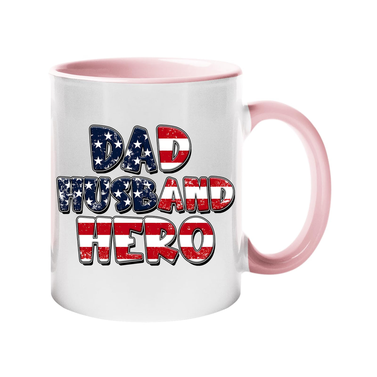 Colour handle mug with “Dad, Husband, Hero” in stars-and-stripes lettering – light pink handle and inside