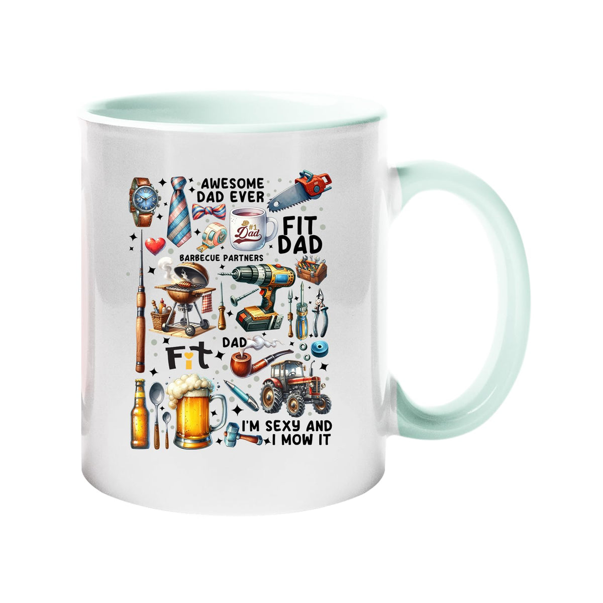 Colour handle mug with a collage of dad favourites – BBQ, tools, beer, a tractor and “Awesome Dad Ever” – lime handle and inside
