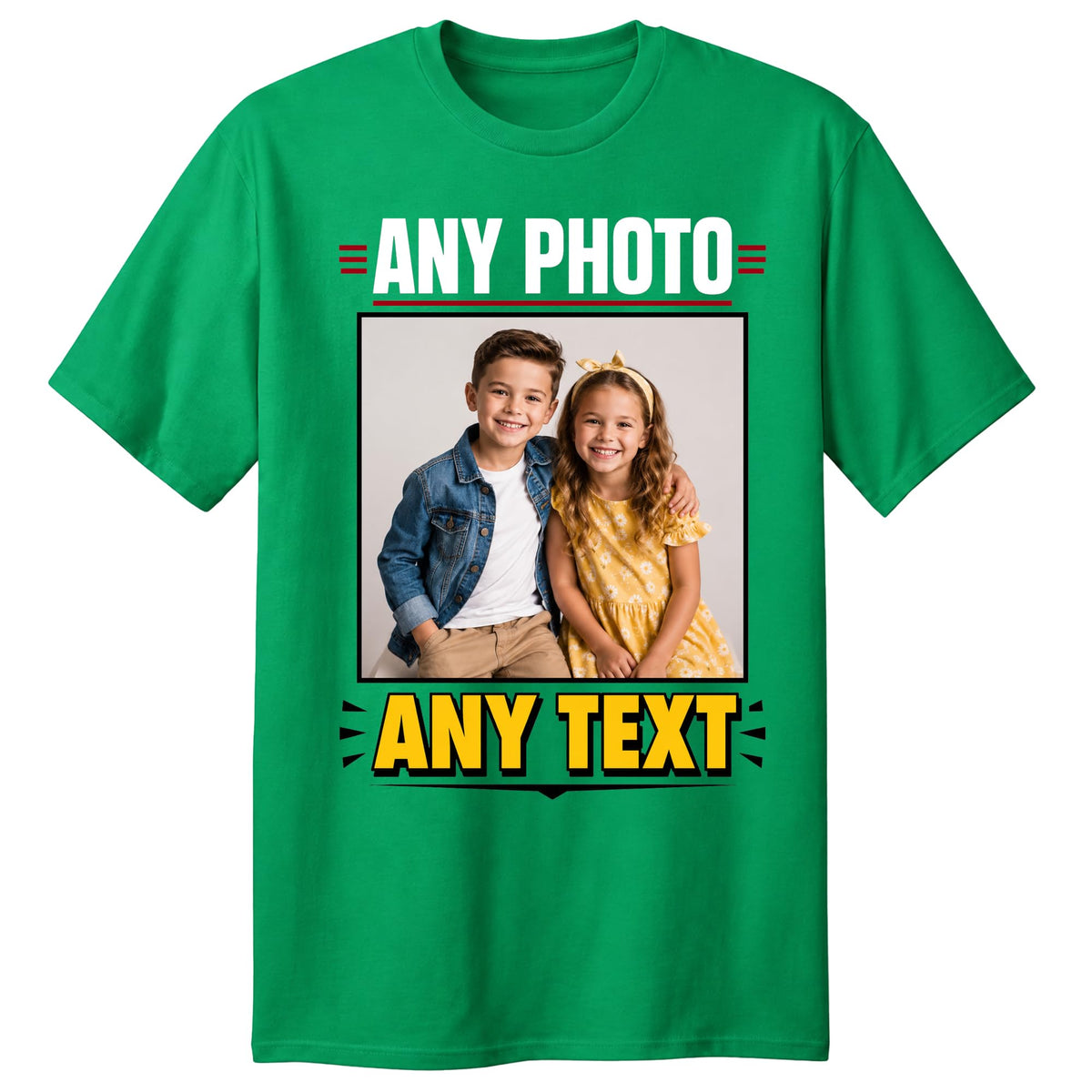Personalised kelly green t-shirt with custom photo and text