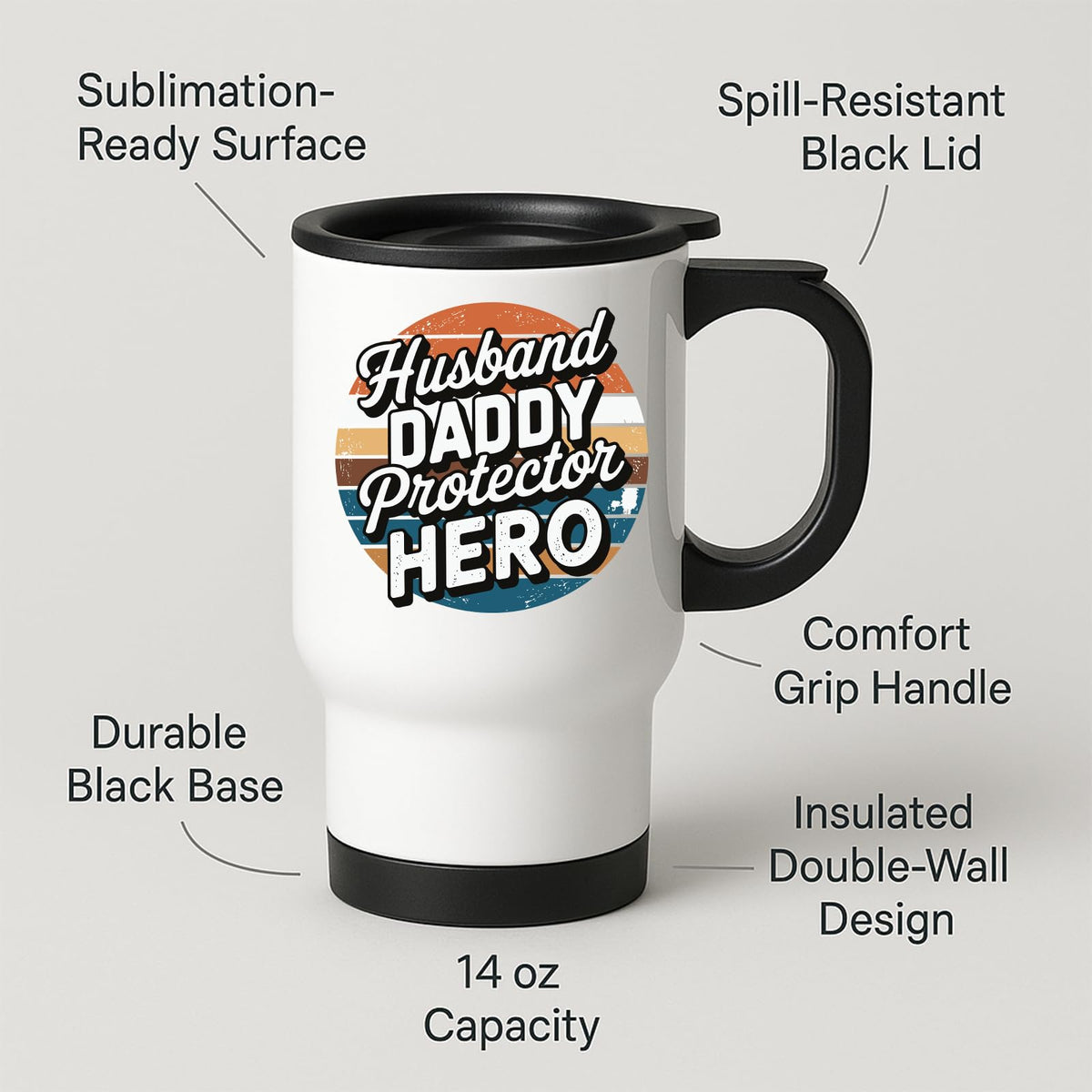 Travel mug with labels for spill-resistant lid, insulated double wall and 14oz capacity